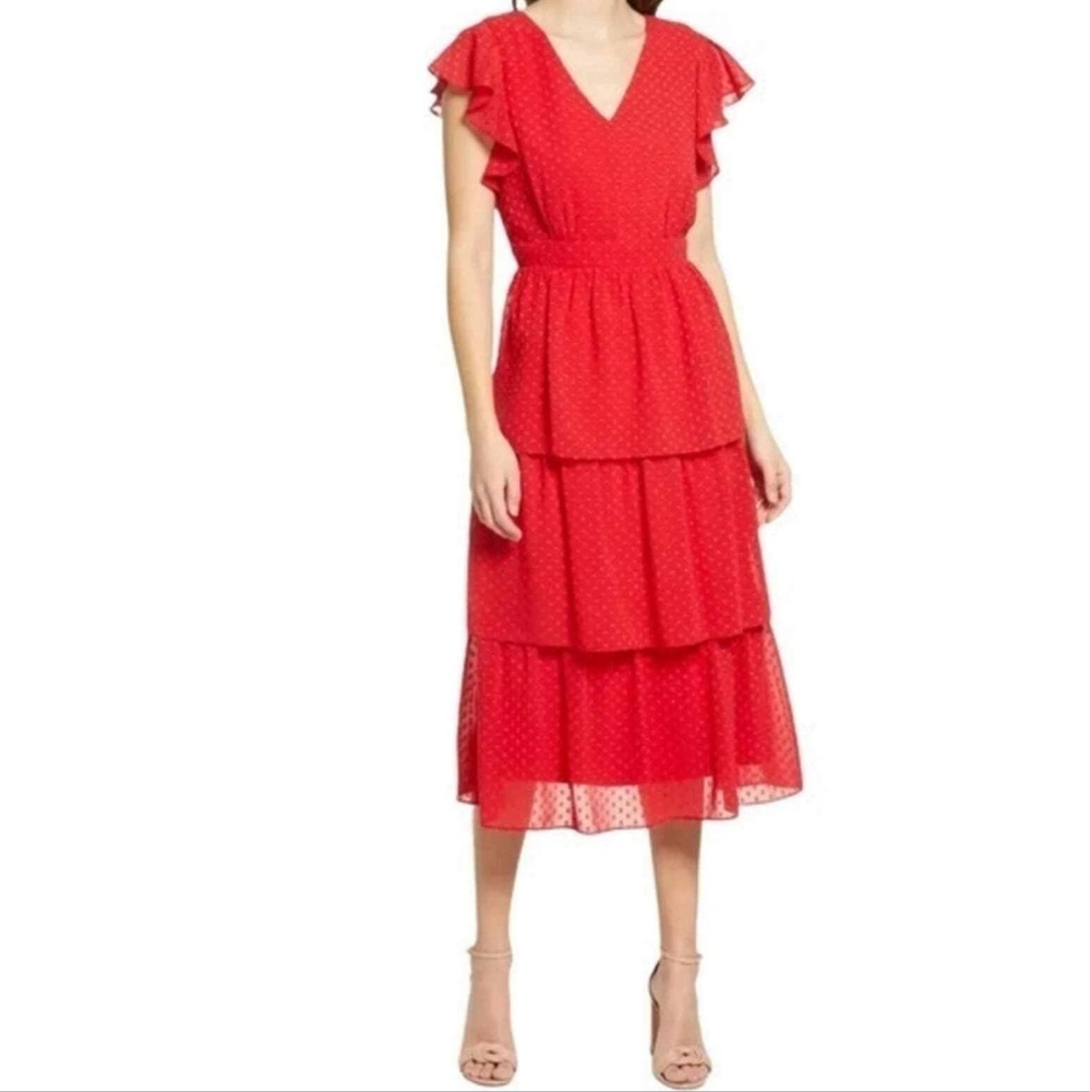 Julia Jordan Red Clip Dot Textured Chiffon Flutter Sleeve Dress Size 4